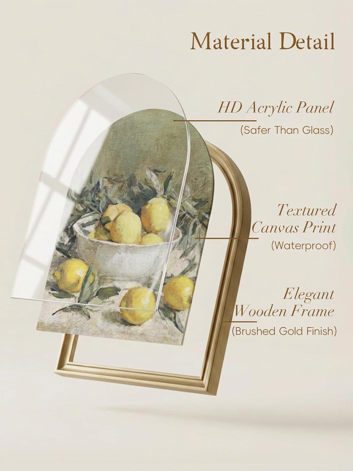 TwoDays Vintage Rustic Lemon Wall Art - Gold Arched Wood Frame Canvas Picture for Kitchen & Dining Room (11" x 13.8")