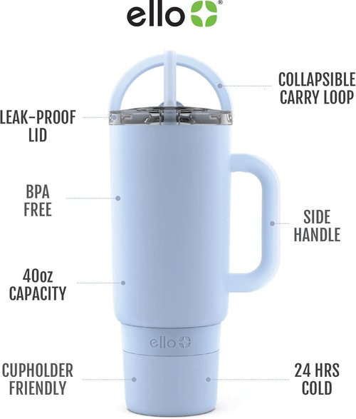 Ello Port 40oz Tumbler - Vacuum Insulated Stainless Steel Water Bottle with Carry Loop & Straw | Halogen Blue