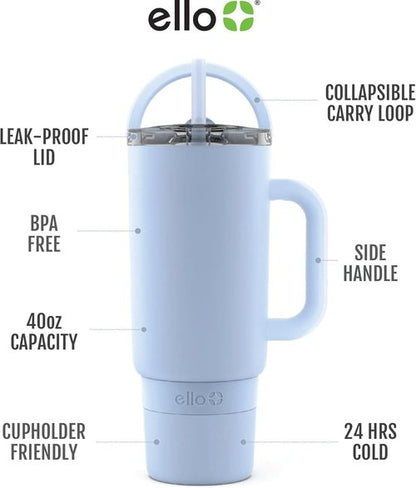 Ello Port 40oz Tumbler - Vacuum Insulated Stainless Steel Water Bottle with Carry Loop & Straw | Halogen Blue