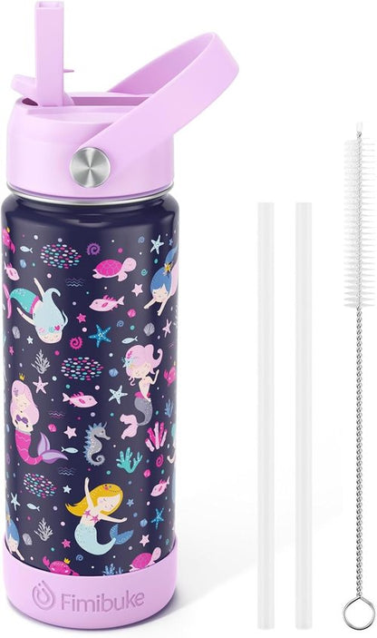 Fimibuke Kids Insulated Water Bottle - 18oz BPA-Free Stainless Steel Tumbler with Straw | Mermaid Design