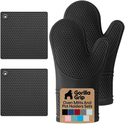 Gorilla Grip Silicone Oven Mitts Set - BPA-Free, Heat Resistant, Flexible Gripping | 4-Piece Black Set