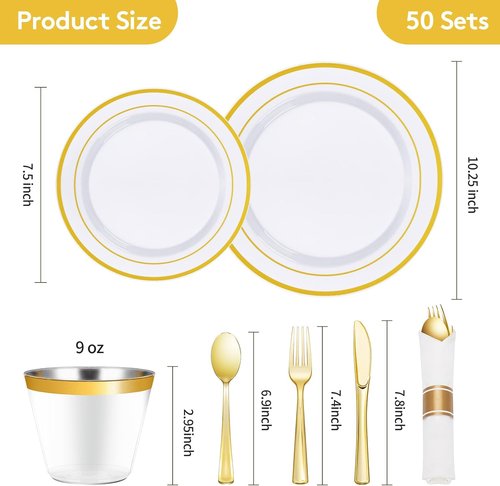 Goodluck 350-Piece Gold Plastic Dinnerware Set - Elegant Disposable Plates for 50 Guests | Includes Plates, Napkins & Cups