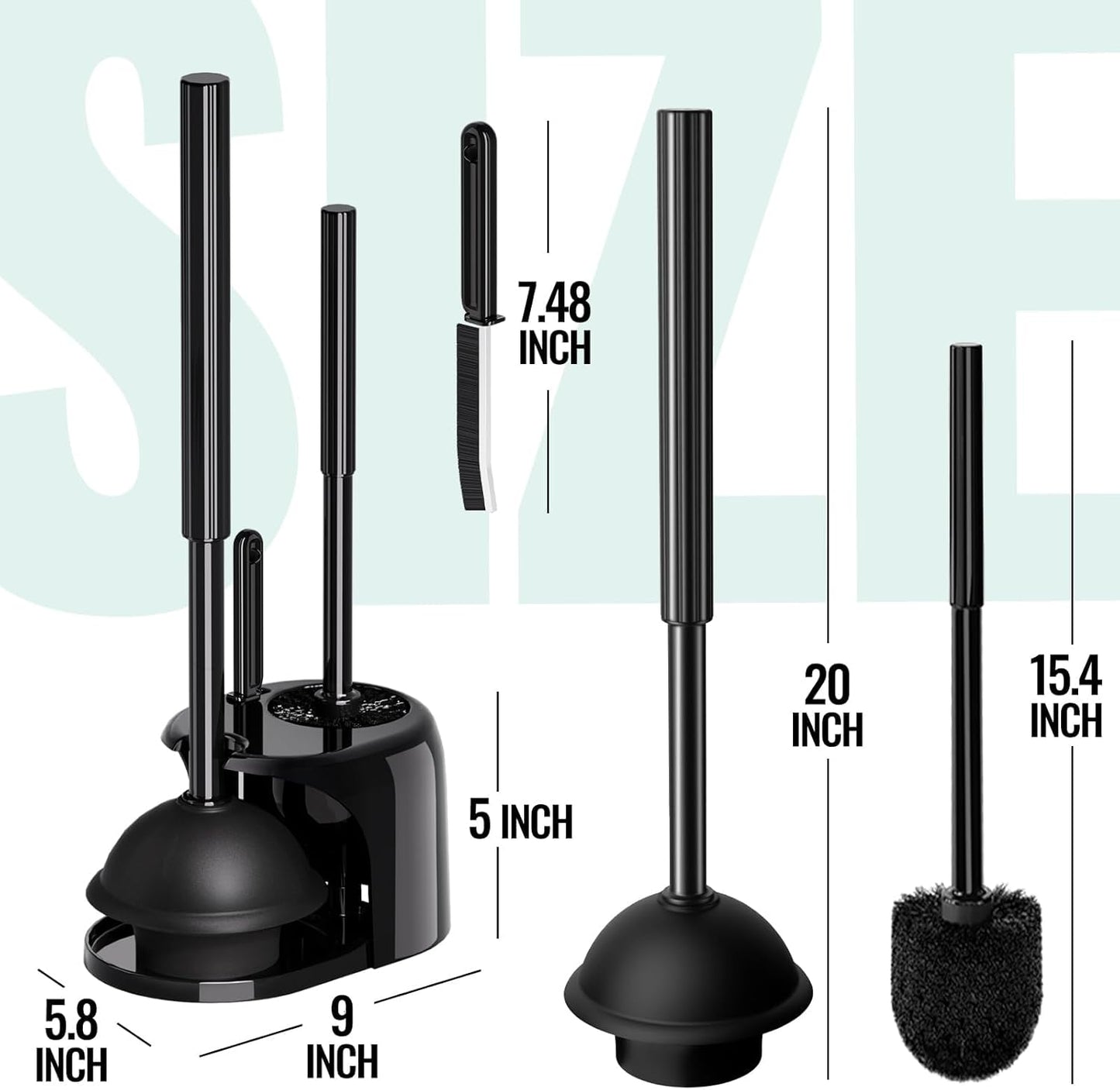 Regine Switzerland 3-in-1 Toilet Brush and Plunger Set - Extra Long Handle with Crevice Cleaner | Black