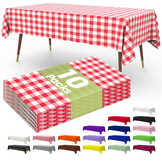 Pureegg Premium Disposable Table Cloth - 10 Pack, 54 x 108 Inch Table Cloths for Parties, Decorative Tablecloths for Rectangle Tables, White Plastic Table Cover, Leakproof & Sturdy, Red Plaid