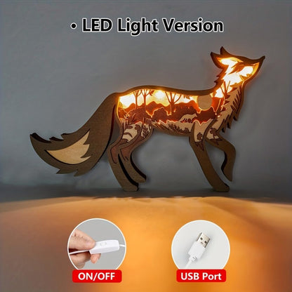 3D Wooden Animals Carving LED Night Light, Wood Carved Lamp Modern Festival Decoration Home Decor Desktop Desk Table Living Room Bedroom Office Farmhouse Shelf Statues Perfect Gifts (Long-Tailed Fox)