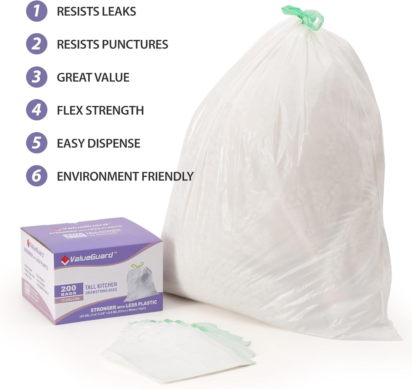 ValueGuard 13 Gallon Drawstring Trash Bags - Durable Tall Waste Bags for Kitchen & Office (200 Count)