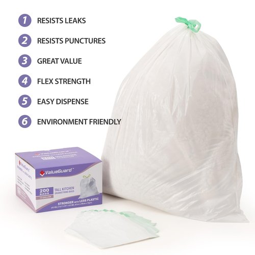 ValueGuard Trash Bags Garbage Bag 13 Gallon Drawstring Tall Waste Bag for Kitchen Office Party 0.6 Mil (200 Count)