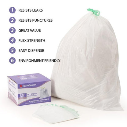 ValueGuard Trash Bags Garbage Bag 13 Gallon Drawstring Tall Waste Bag for Kitchen Office Party 0.6 Mil (200 Count)