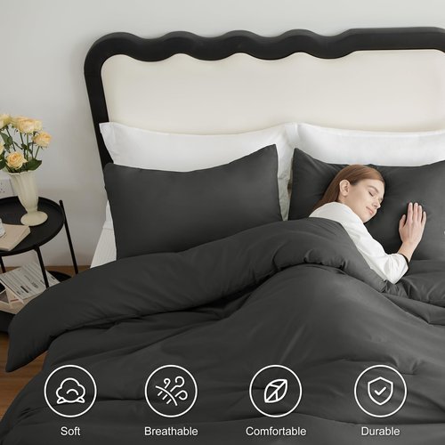 CozyLux Queen Comforter Set Dark Grey, 3 Pieces Solid Comforters Queen Size Breathable Quilted Bedding Sets, Dark Gray Luxury Soft Lightweight Bed Set with Down Alternative Comforter and 2 Pillowcases