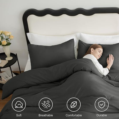 CozyLux Queen Comforter Set Dark Grey, 3 Pieces Solid Comforters Queen Size Breathable Quilted Bedding Sets, Dark Gray Luxury Soft Lightweight Bed Set with Down Alternative Comforter and 2 Pillowcases