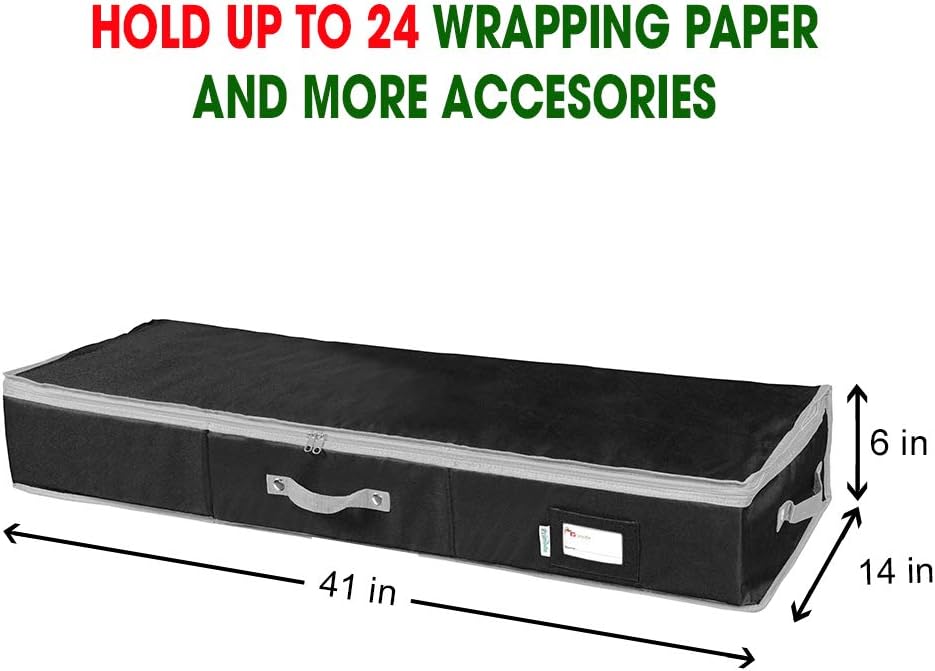Primode Wrapping Paper Storage Container - Under Bed Gift Wrap Organizer | 41”x14”x6” | Holds 18-24 Rolls Up to 40” | Durable 600D Oxford Material | Includes Pockets for Ribbons and Bows (Black)