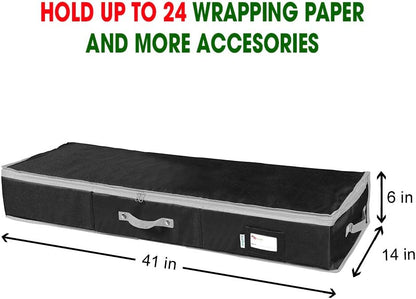 Primode Wrapping Paper Storage Container - Under Bed Gift Wrap Organizer | 41”x14”x6” | Holds 18-24 Rolls Up to 40” | Durable 600D Oxford Material | Pockets for Ribbons and Bows (Black)