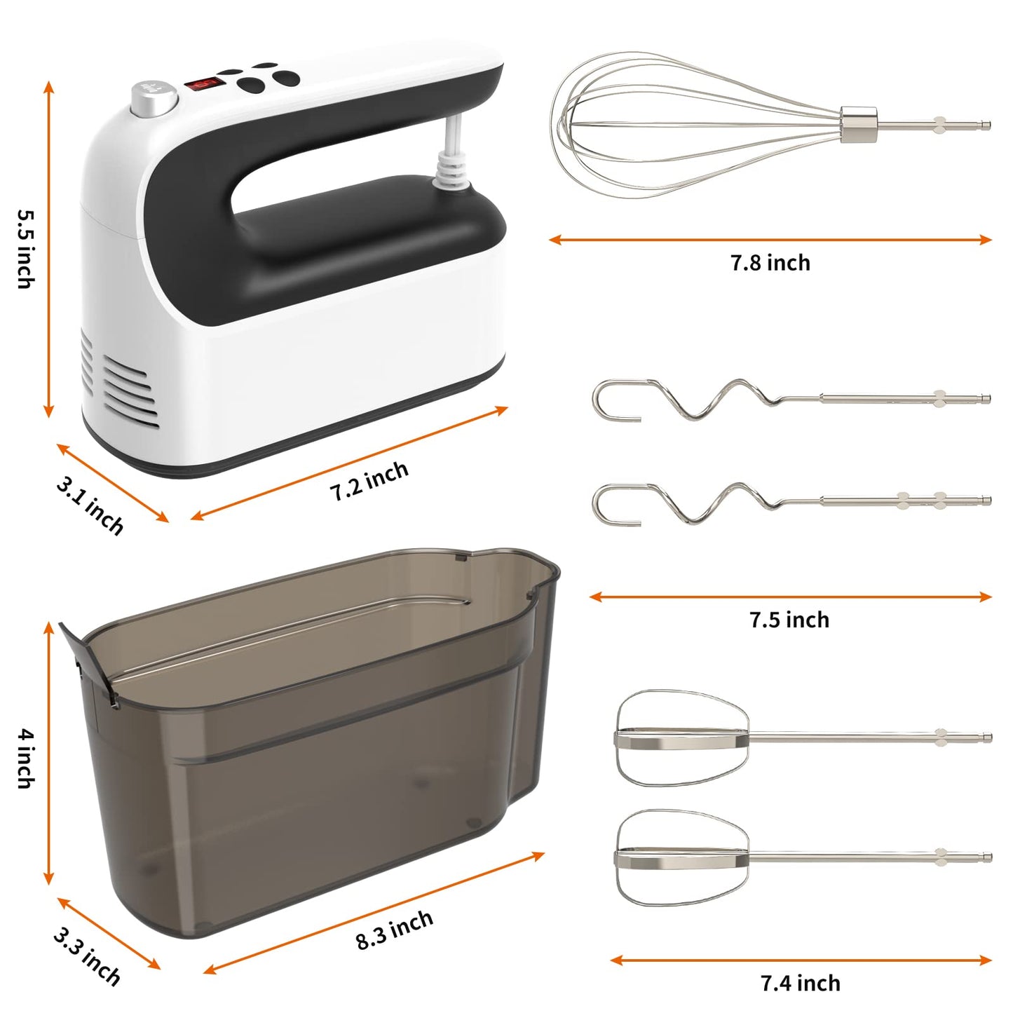 Yomelo 9-Speed Digital Hand Mixer Electric, 400W Powerful DC Motor, Baking Mixer Handheld with Snap-On Storage Case, 5 Stainless Steel Accessories, Flat Beaters, Dough Hooks, Whisk (White & Black)