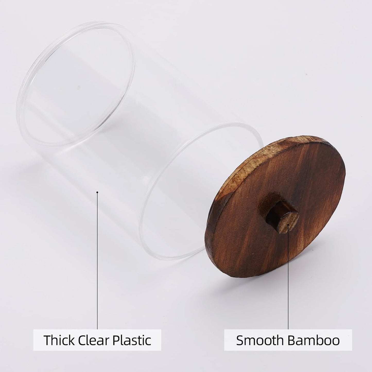 Tbestmax Qtip Holder Bathroom Set - 4 Pack Clear Plastic Organizers with Wood Lids | 10 oz Apothecary Jars for Cotton Balls & Swabs