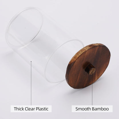 Tbestmax Qtip Holder Bathroom Set - 4 Pack Clear Plastic Organizers with Wood Lids | 10 oz Apothecary Jars for Cotton Balls & Swabs