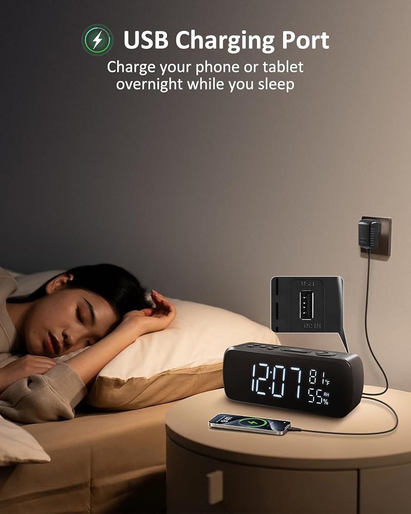 Digital Alarm Clock with FM Radio for Bedroom – 7" LCD, Dual Alarms