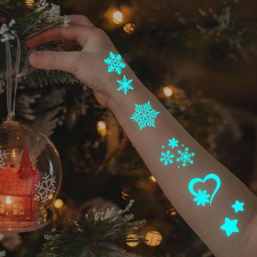 CHARLENT Blue Luminous Snowflake Temporary Tattoos - 74 Sheets of White Snowflake Designs for Kids & Adults | Perfect for Winter & Christmas Parties