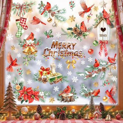 Tanlaby Christmas Window Clings Pine Tree Bird Holiday Decor - Variation: Pine Tree Cardinal Birds
