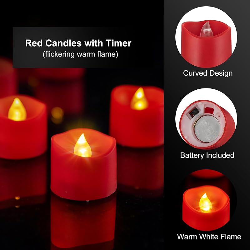 Red Base Warm White Flickering LED Tea Lights, 6H Auto Timer - 12 Pack (Variation: Red)