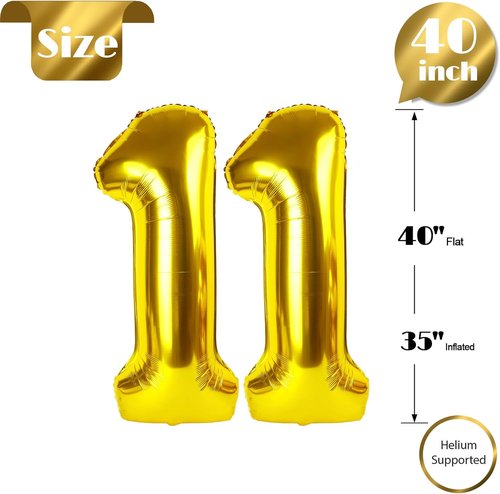 Gold Number 11 Balloon - 40 Inch Birthday Decoration for 11th Year Celebration | Perfect for Boys & Girls