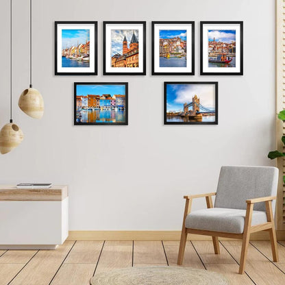 PWTAKO 8x10 Picture Frame Set of 6, Display Pictures 5x7 with Mat or 8x10 Without Mat for Wall Mounting or Table Top Display,Black