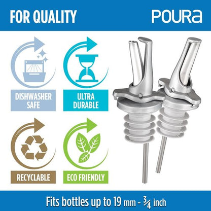 3-in-1 Liquor Pour spout with Built-in Fruit Fly Protection - BPA Free & Dishwasher Safe Hygienic Alcohol Speed Spouts - Also for Olive Oil, Juice, Syrup. Silver 2 Pack