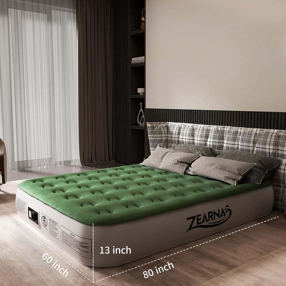 Zearna Air Mattress Queen with Built in Pump - Upgraded Blow Up Bed, 2 Mins Quick Self Inflatable, 13"/650lbs Max, All Night No Lost Air, Strong Support, for Camping,Home,Guests,Portable Travel
