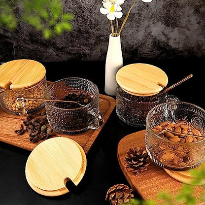 Vintage Glass Coffee Tea Cups Set - 4 Pack 14 oz Embossed Clear Mug with Handles & Spoons