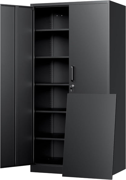 Yizosh Metal Storage Cabinet - 72" Lockable Garage Storage with 2 Doors & 5 Adjustable Shelves, Black Steel