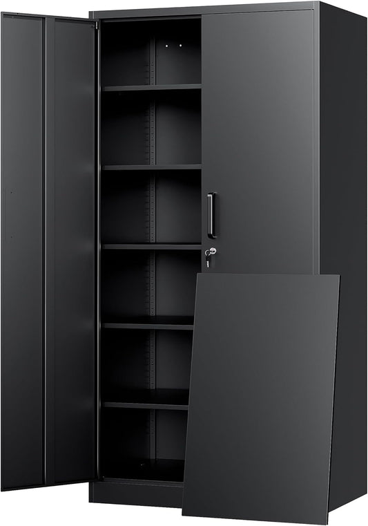 Yizosh Metal Storage Cabinet - 72" Lockable Garage Storage with 2 Doors & 5 Adjustable Shelves, Black Steel