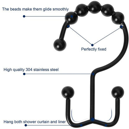 Gidse Shower Curtain Hooks,Sturdy Stainless Steel Double Sided Shower Hooks Rings for Bathroom Shower Curtain Rods Curtains Set of 12 Hooks - Matte Black