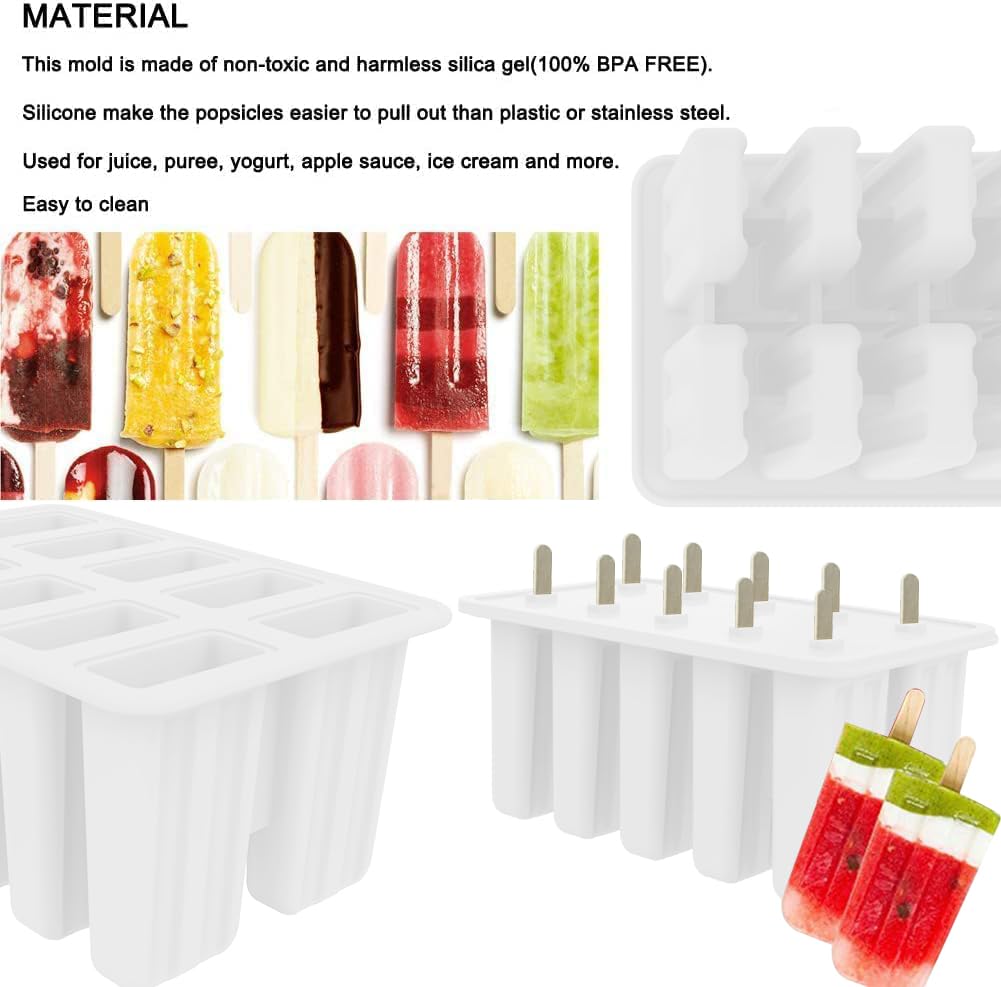 Homemade Popsicle Molds Shapes, Silicone Frozen Ice Popsicle Maker Non-BPA, with 50 Popsicle Sticks, 50 Popsicle Bags, 10 Reusable Popsicle Sticks, Funnel, Brush and Ice Pop Recipes(White)