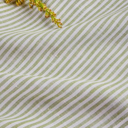 Linen Table Runner 14x108 Inches Avocado & White Striped - Handcrafted European Flax