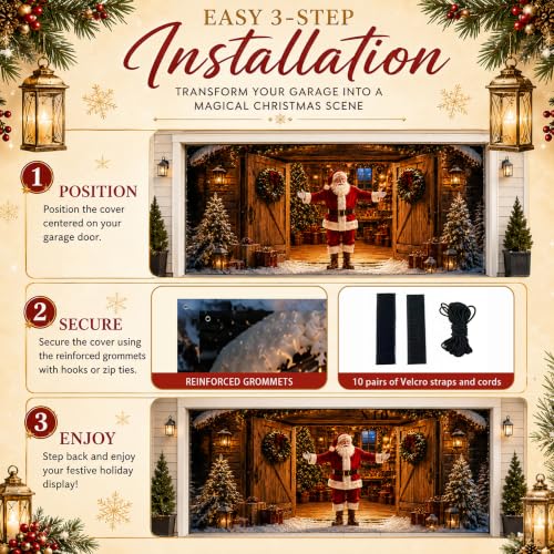 Christmas Garage Door Cover Decorations Santa Welcomes You Home Banner - 16x7 ft, Outdoor Weather-Resistant Fabric, Complete Hanging Kit Included