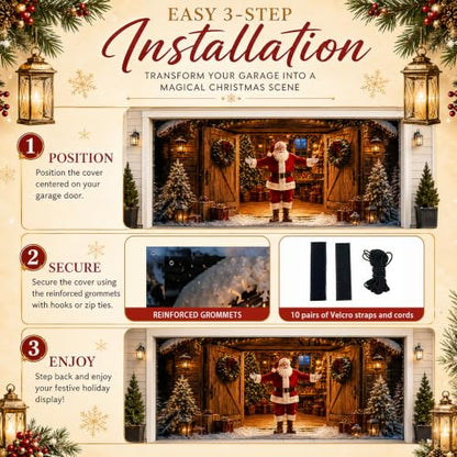 Christmas Garage Door Cover Decorations Santa Welcomes You Home Banner - 16x7 ft, Outdoor Weather-Resistant Fabric, Complete Hanging Kit Included