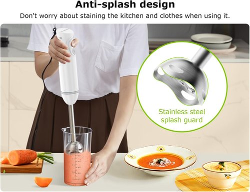 Bonsenkitchen Immersion Blender - Portable Handheld Stick Mixer with Stainless Steel Blades | White