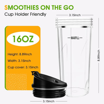 Ninja Blender Cups - 3 Pack 16oz Replacement Cups with Lids for Ninja QB3001SS & Nutri Ninja Series