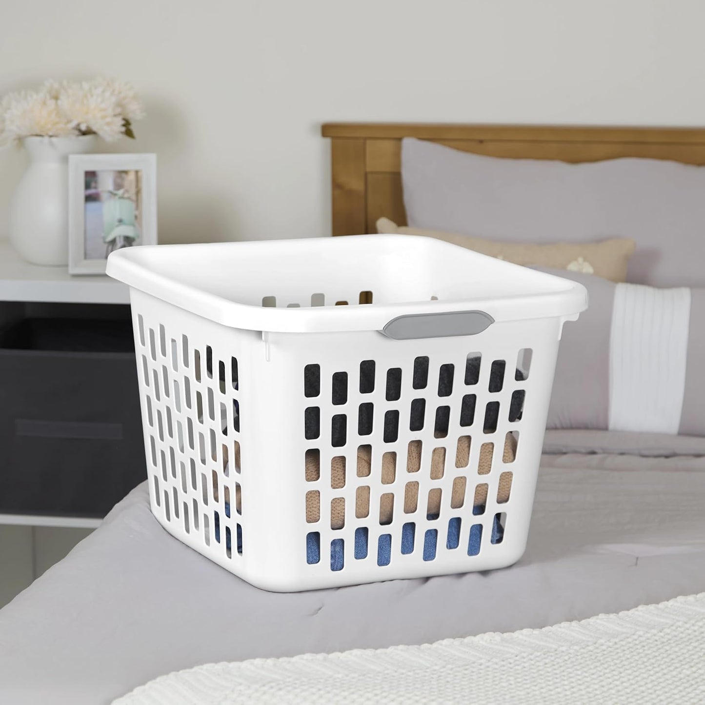 Regine Square Plastic Laundry Basket - BPA-Free, Sturdy & Stackable, 1.5 Bushel, White with 2 Comfort Grip Handles