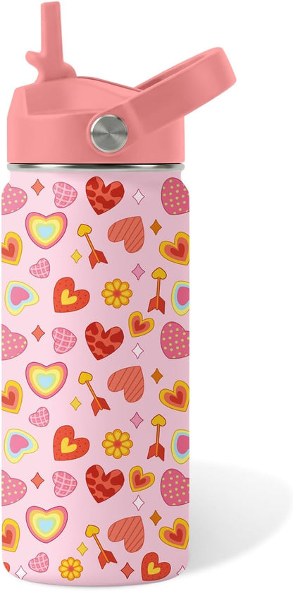 Skiennix Heart Pattern Kids Water Bottle - 16 Oz Stainless Steel Insulated Tumbler, Leak Proof, BPA-Free, Ideal for School & Travel