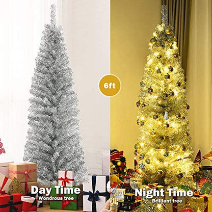 Artificial Pencil Christmas Tree, Electroplated Premium Slim Tree, Xmas Decor for Indoor and Outdoor, Suitable for Office, Store and Home (Silver, 6FT)