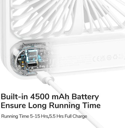 JISULIFE Rechargeable Desk Fan - 4500mAh Battery, 4 Adjustable Speeds, Portable & Foldable - White
