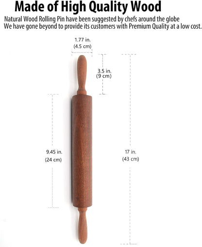 Sapele Wooden Rolling Pin by Classic | 17" Baking Roller with Comfortable Handles