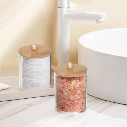 Tbestmax Qtip Holder - 10-Ounce Clear Plastic Bathroom Organizer with Bamboo Lids | 4 Pack for Cotton Swabs & Balls
