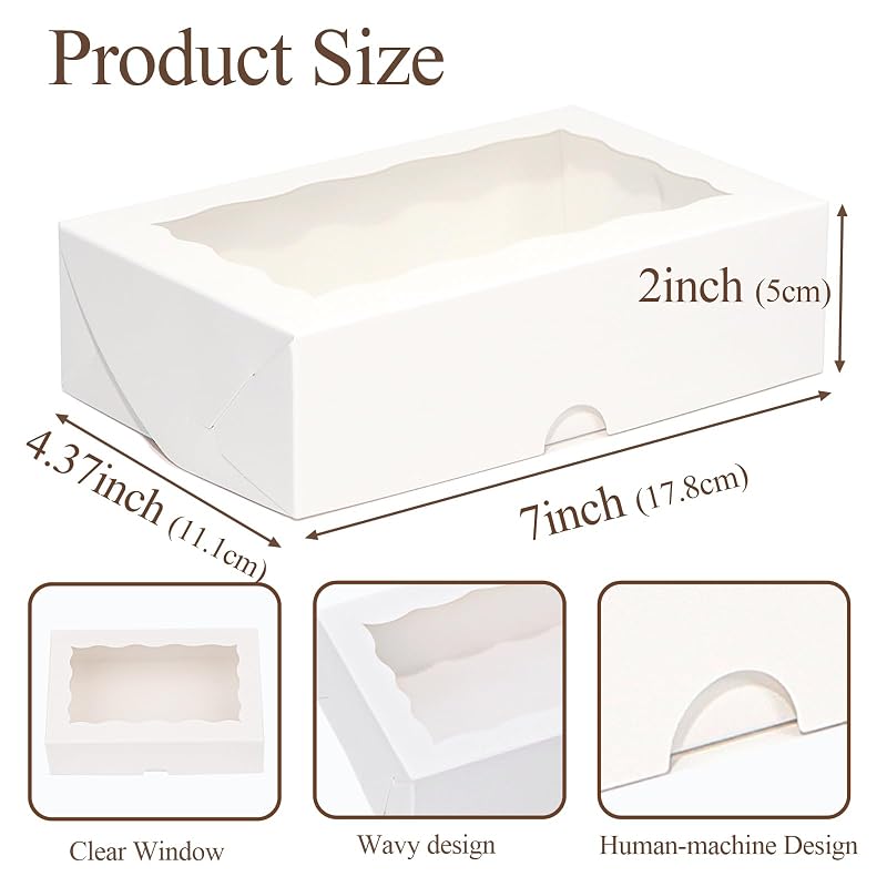7x4.3x2 In White Bakery Boxes with Window, 100-Pack Cookies Macaron Cake Treat Boxes