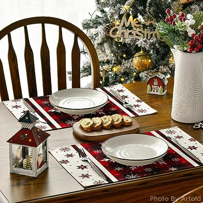 Buffalo Plaid Snowflake Christmas Placemats Set of 4 - 12x18 Inch Red Rectangular Holiday Table Decor