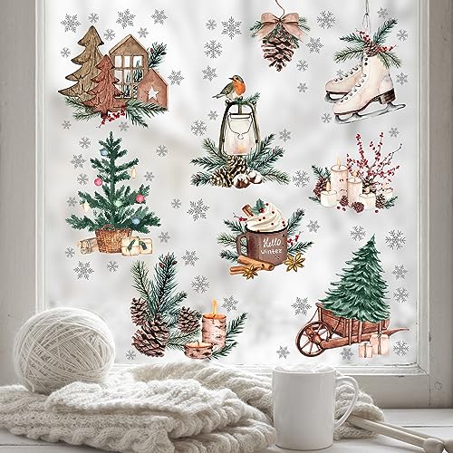 Winter Pine Cone Window Clings - 9 Sheets Holiday Snowflakes & Decorations