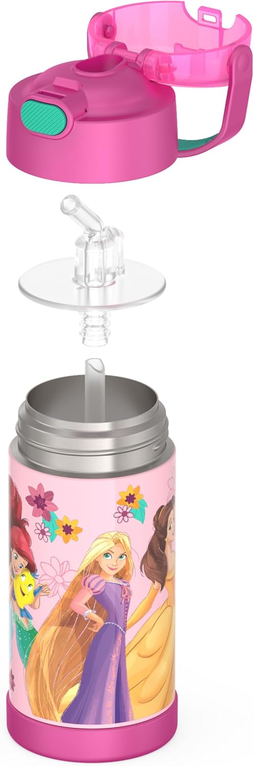 THERMOS FUNTAINER Water Bottle - 12 Ounce Kids Stainless Steel Vacuum Insulated with Straw | Princess Design