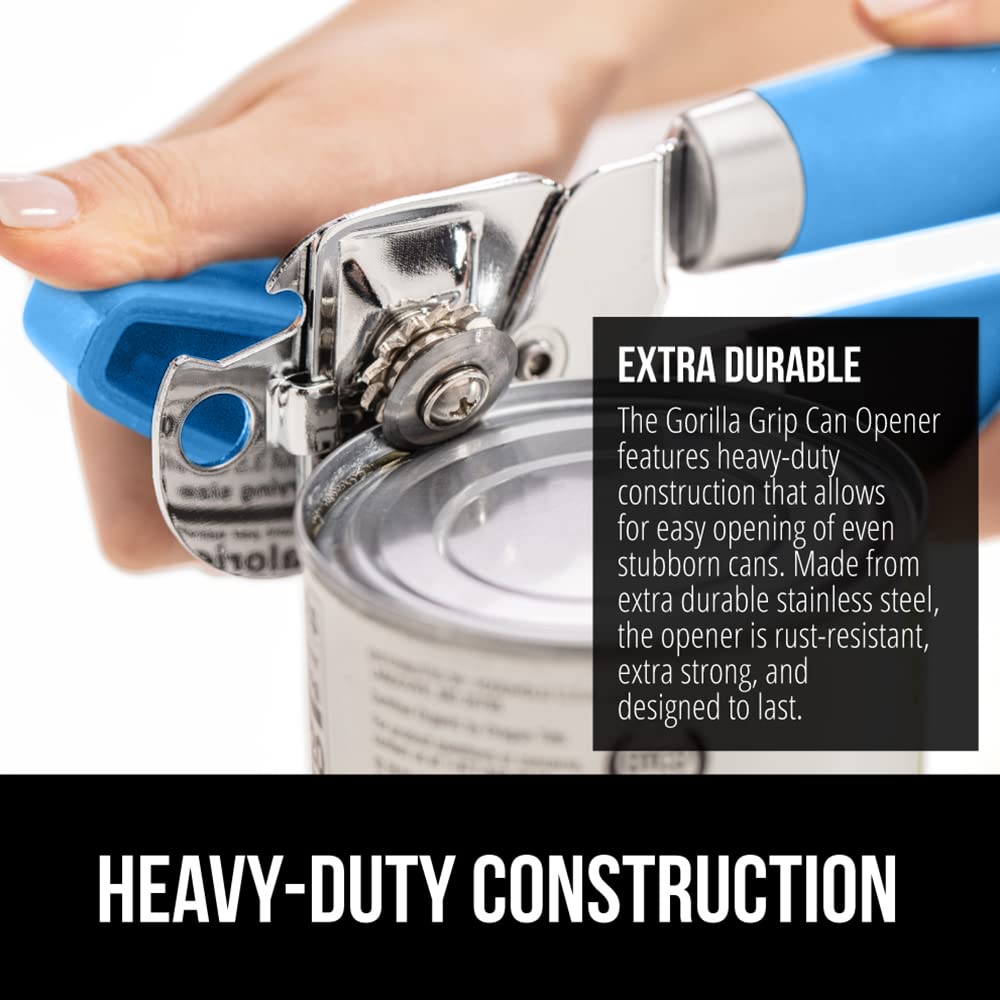 The Original Gorilla Grip Heavy Duty Stainless Steel Smooth Edge Manual Hand Held Can Opener With Soft Touch Handle, Rust Proof Oversized Handheld Easy Turn Knob, Large Lid Openers, Aqua