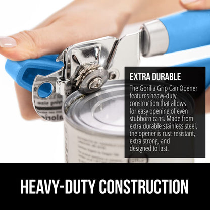 The Original Gorilla Grip Heavy Duty Stainless Steel Smooth Edge Manual Hand Held Can Opener With Soft Touch Handle, Rust Proof Oversized Handheld Easy Turn Knob, Large Lid Openers, Aqua