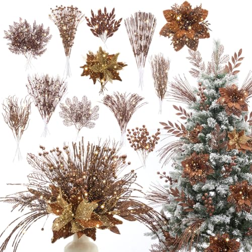 Glitter Bronze Christmas Picks and Sprays - 108 Pieces, 12 Styles - Holiday Decoration